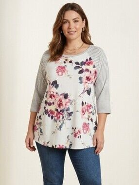 Striped Raglan Floral Tunic Top - Pink Floral